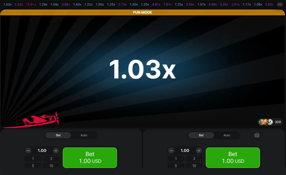 The image showcases a screenshot of the Aviator game in fun mode. It displays a bet of 1.00 USD with a multiplier of 1.03x, as the plane is in the early stage of the flight. The bottom section shows the bet input with a button to place the bet. This image highlights a round in progress with the multiplier value and bet control options visible for the user.