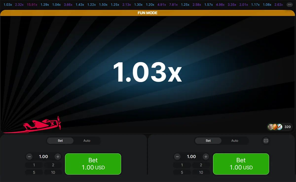 The image showcases a screenshot of the Aviator game in fun mode. It displays a bet of 1.00 USD with a multiplier of 1.03x, as the plane is in the early stage of the flight. The bottom section shows the bet input with a button to place the bet. This image highlights a round in progress with the multiplier value and bet control options visible for the user.